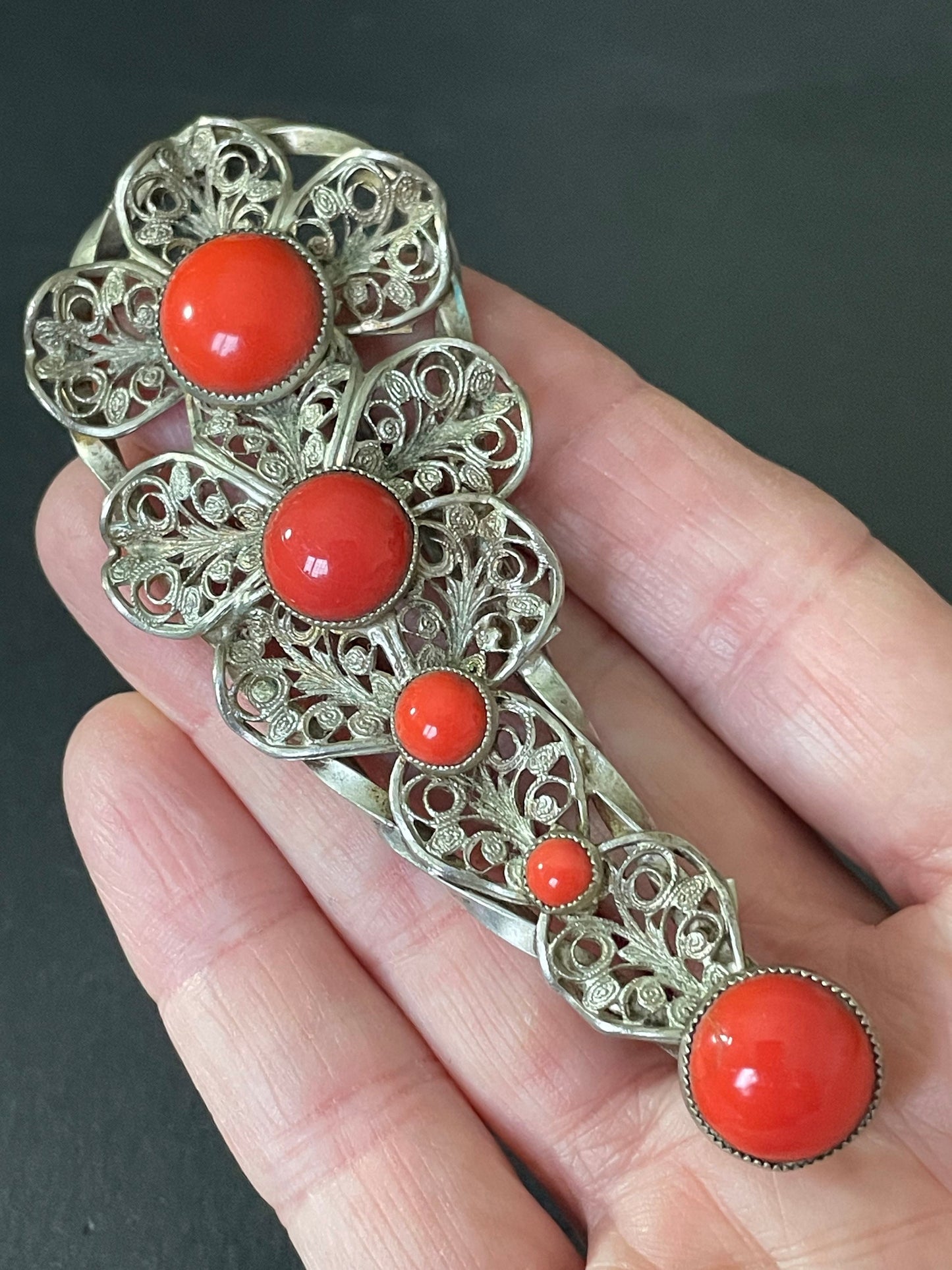 Huge vintage Art Deco Max Neiger brothers Czech brooch, bright lipstick red glass cabochons silver tone filigree