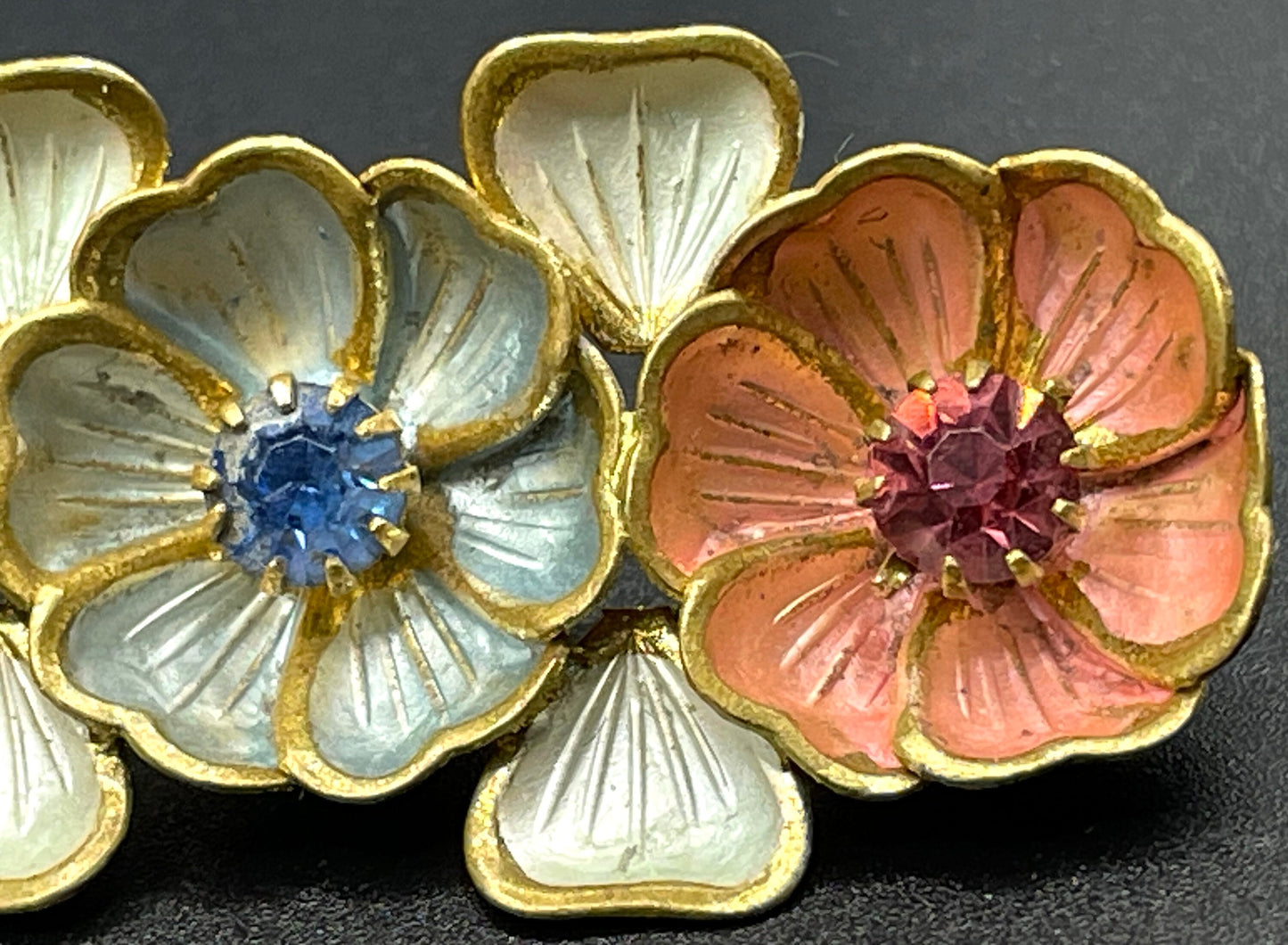 Vintage Neiger Brothers (Max and Norbert) colourful enamel and rhinestone flower brooch - set in antique gold tone