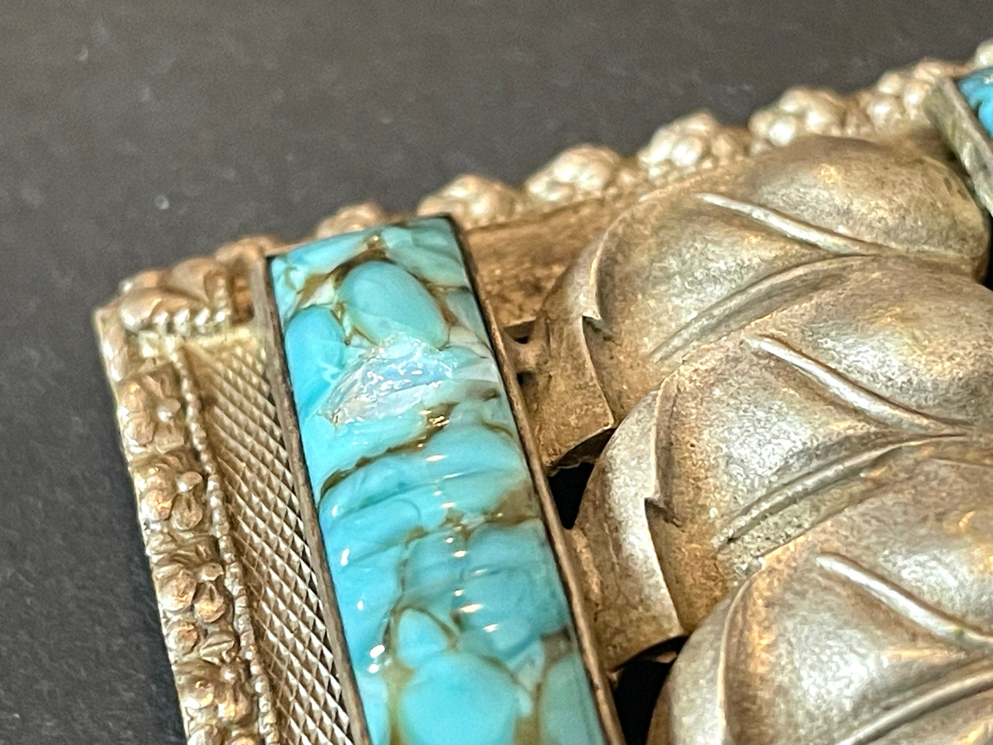 Huge vintage faux turquoise art glass cabochon brooch, Art Deco Czech, antique silver tone with leaf design (read description for condition)