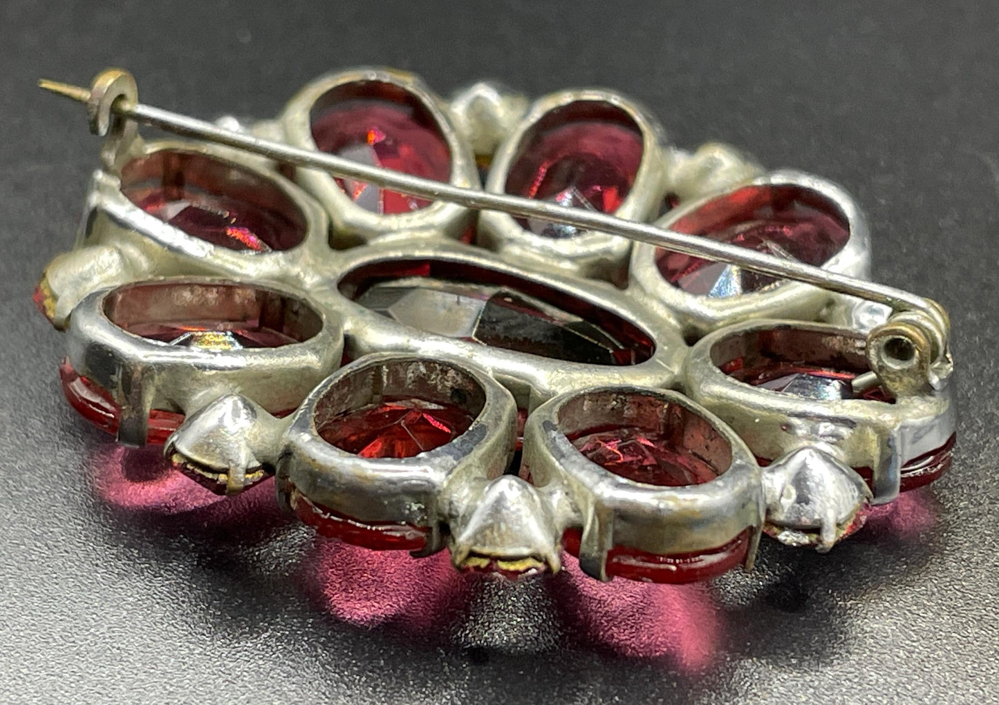 Large vintage Art Deco ruby pink glass rhinestone, open-backed, pale antique gold tone brooch pin, stunning pink colour