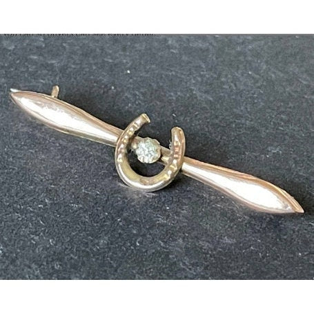 Antique 9ct gold and clear stone horseshoe bar brooch, gorgeous petite equestrian pin, yellow and rose gold hues