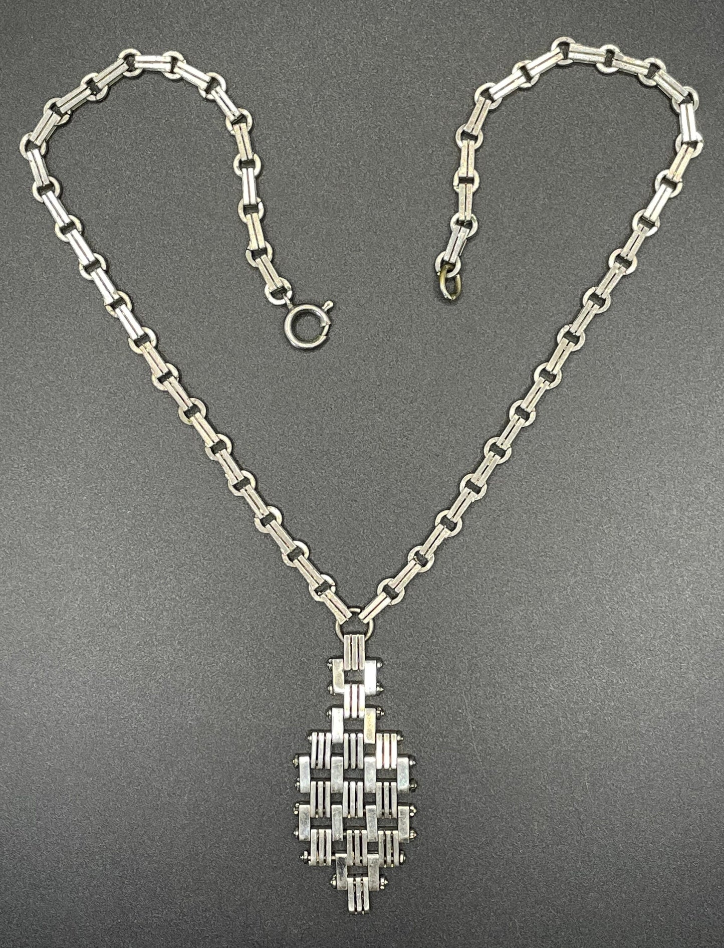 Vintage Jakob Bengel Art Deco brickwork / mauerwerk machine age chrome Y lariat necklace