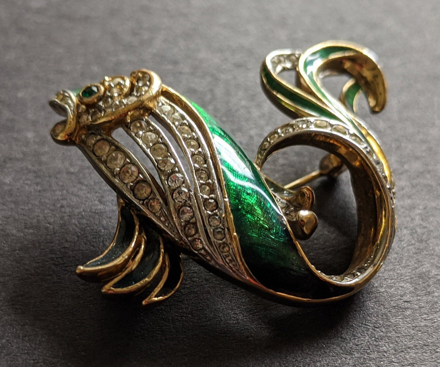 Vintage Attwood and Sawyer large fish brooch, gold plated, green enamel and rhinestone, signed A&S, uncommon design