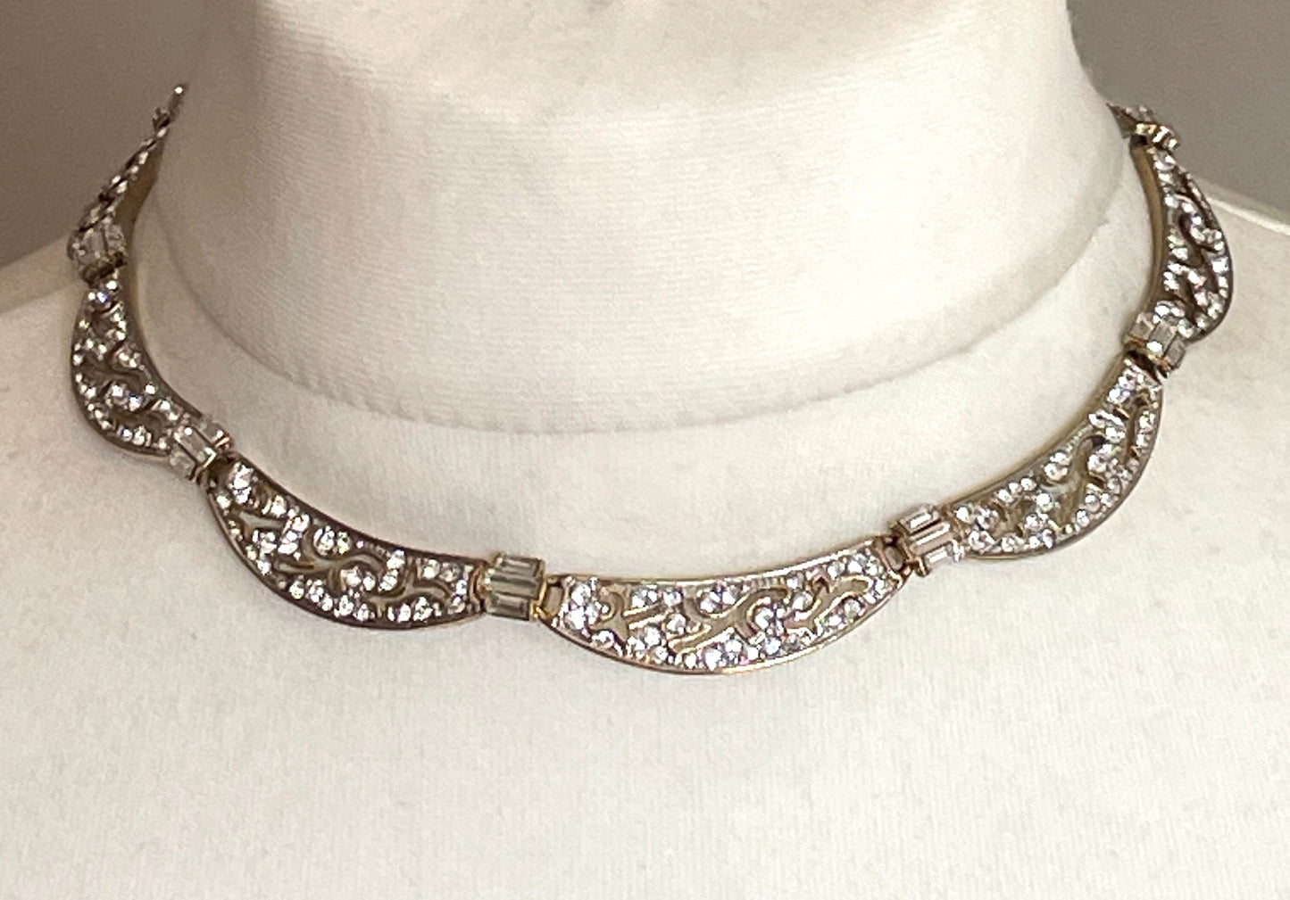 Vintage Attwood and Sawyer ( A&S ) signed antique style, ornate gold plated necklace, encrusted with clear rhinestones and cut-out design