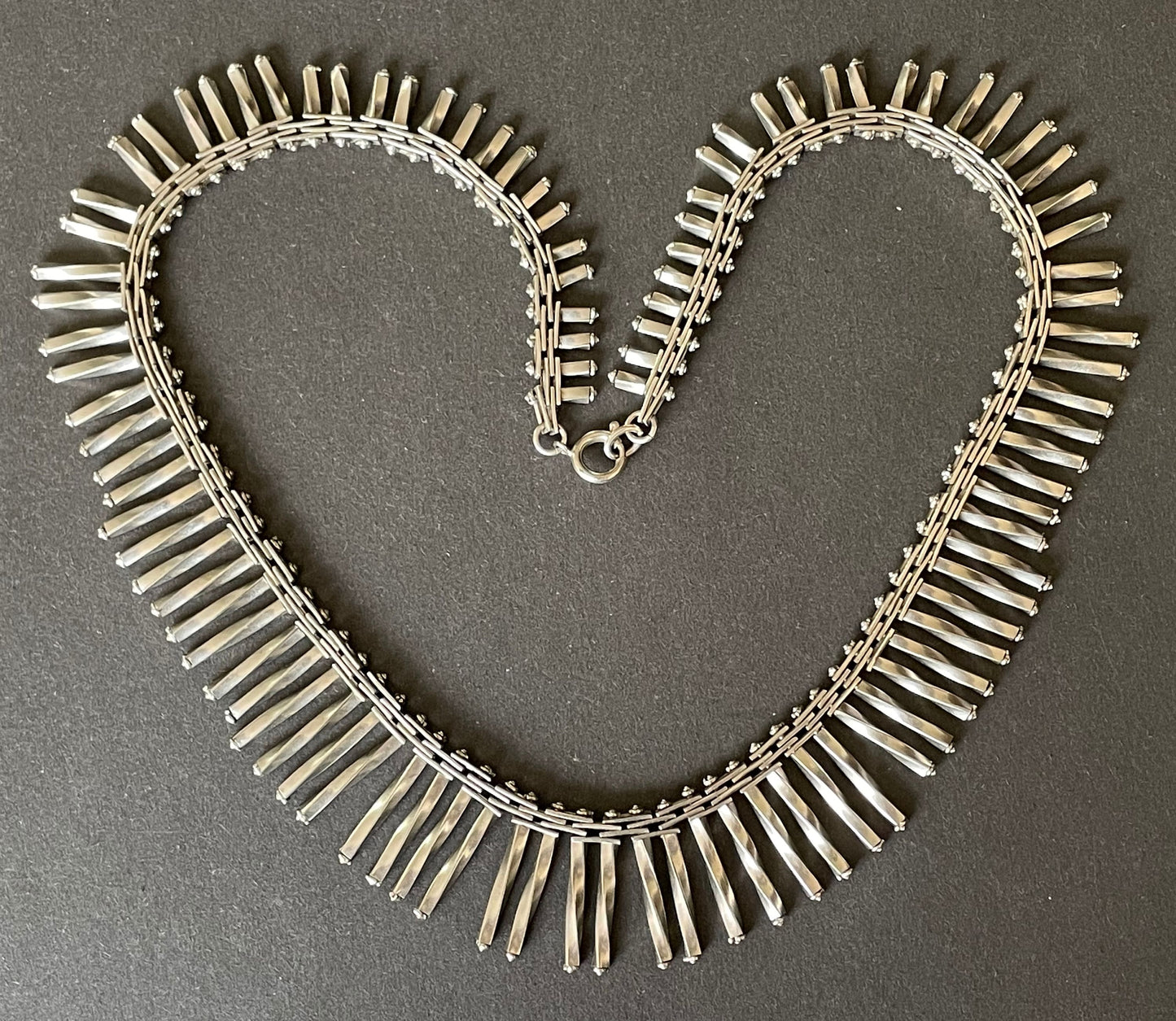 Vintage Jakob Bengel Art Deco machine age chrome mid-length fringe necklace, extremely rare design, beautiful workmanship