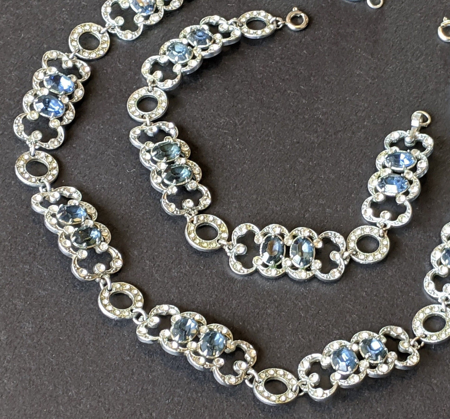 Vintage Art Deco blue and clear paste geometric machine age necklace and bracelet demi-parure set