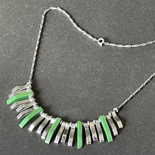 Vintage Jakob Bengel Art Deco machine age necklace, beautiful bright green galalith 3D geometric shapes with shiny silver tone chrome