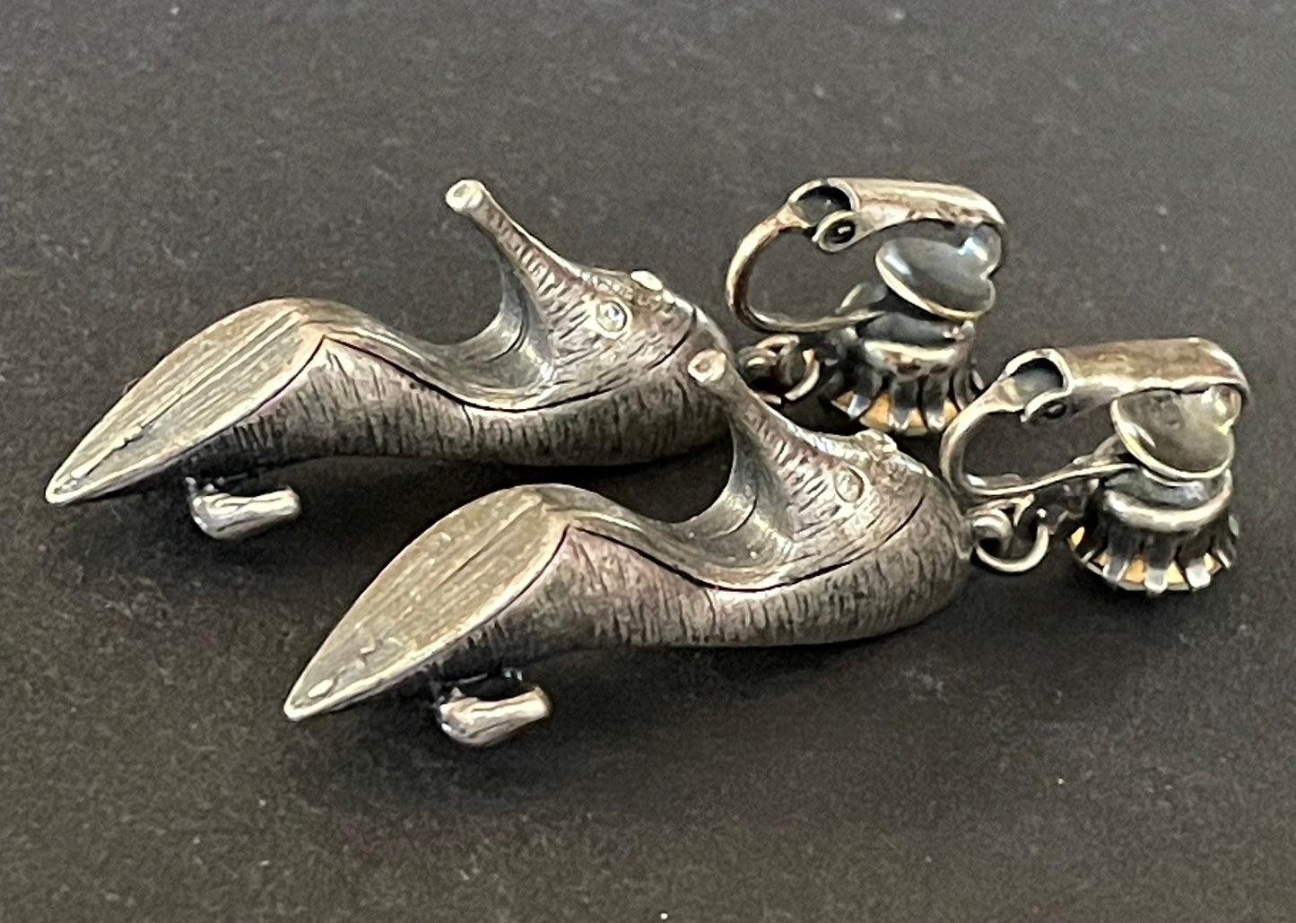 Vintage early Askew London stiletto high heeled shoe statement clip on earrings in chic dark silver tone with clear rhinestones