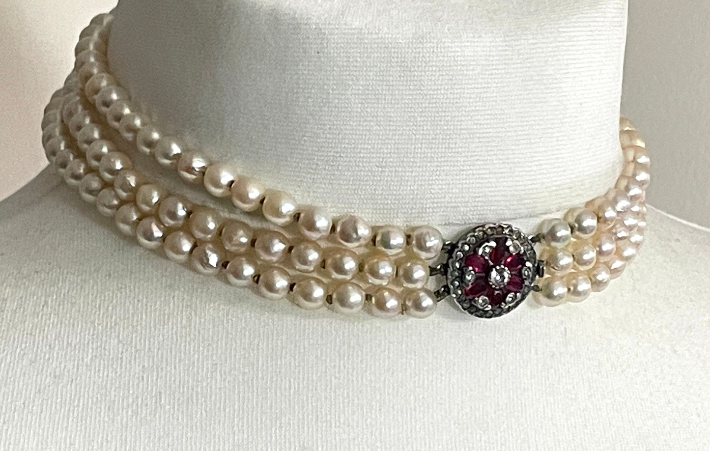 Antique / vintage real cultured pearl triple strand choker necklace, hand-knotted in box, pretty silver, ruby & clear paste box clasp 64g