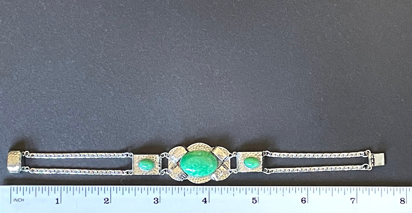 Vintage Jakob Bengel Art Deco machine age, green ' Peking glass ' cabochon hammered chrome bracelet