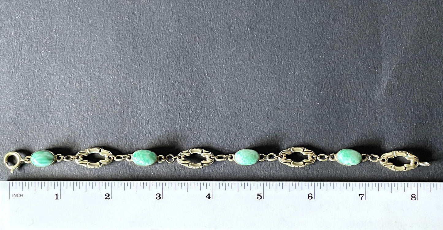 Antique / vintage ornate gold tone and large green Peking glass cabochon bracelet