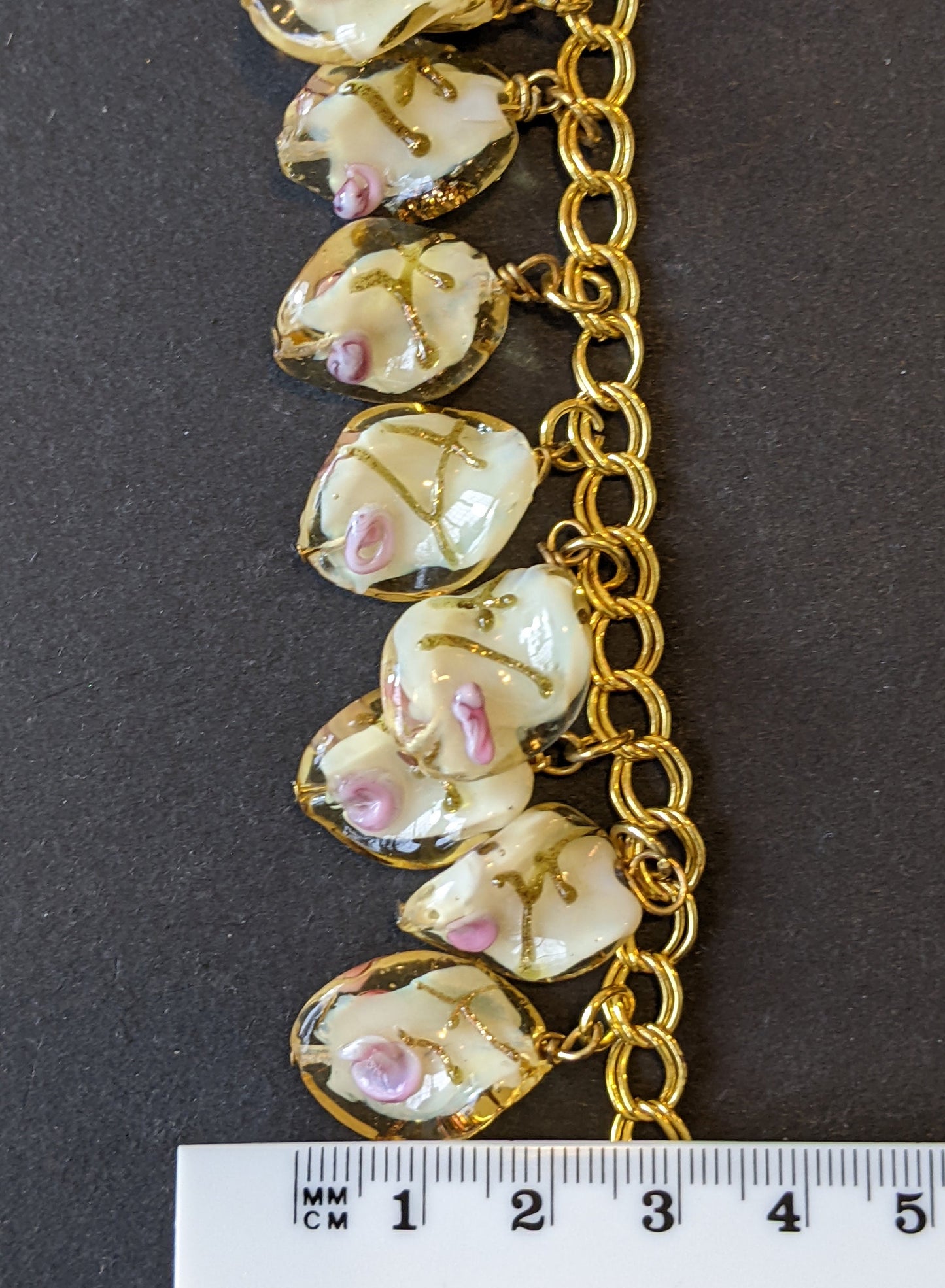 Vintage Art Deco Venetian wedding cake glass bead and gold tone charm bracelet, white, pink and gold, floral rose design, beautiful