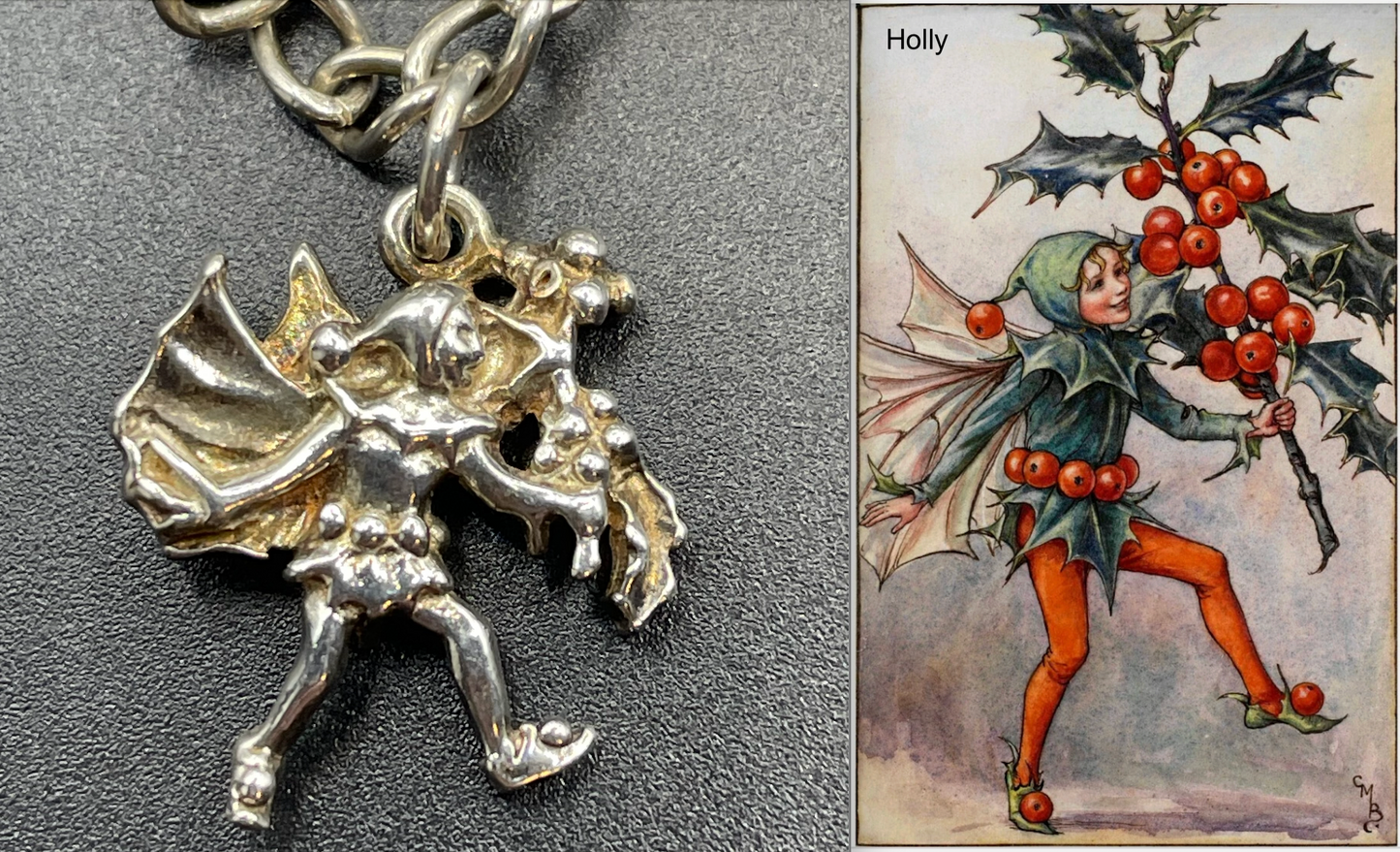Vintage Cicely Mary Barker Flower Fairies 925 sterling silver fairy charm bracelet hallmarked by ASJ jewellers, 25 grams