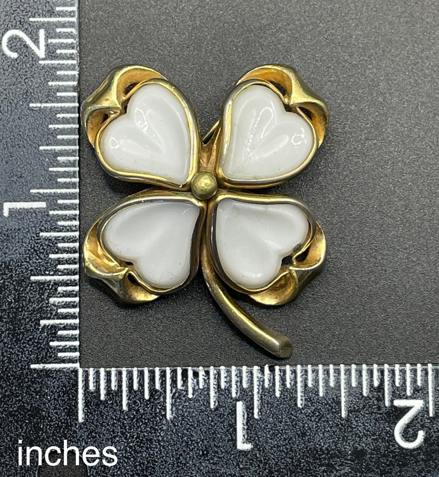 Vintage milk white poured glass and gold tone four leaf clover or shamrock petite brooch, as found, possibly unsigned Trifari