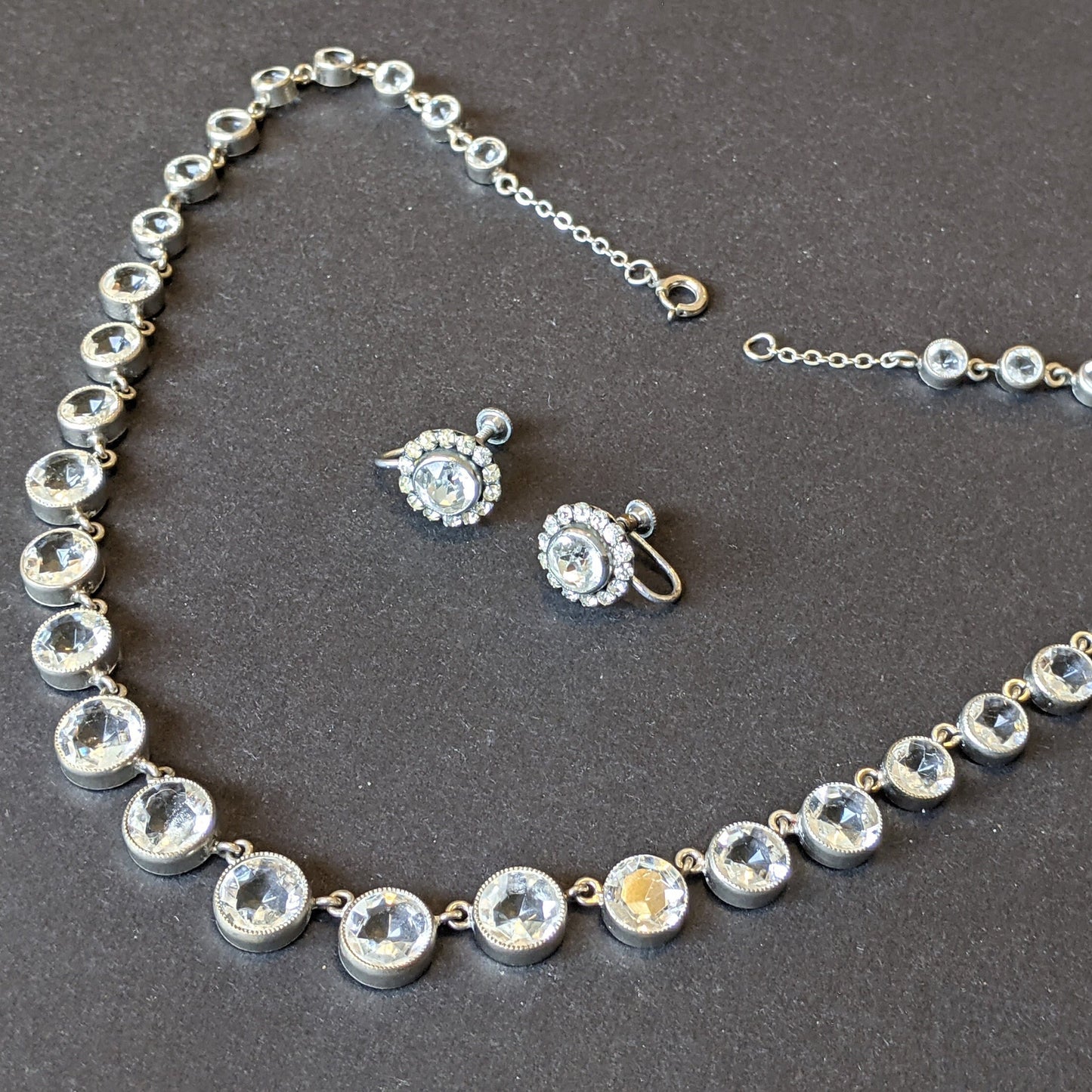 Vintage Art Deco clear paste silver tone riviere necklace with crystal screw back earrings, collet set open backed, classic demi-parure