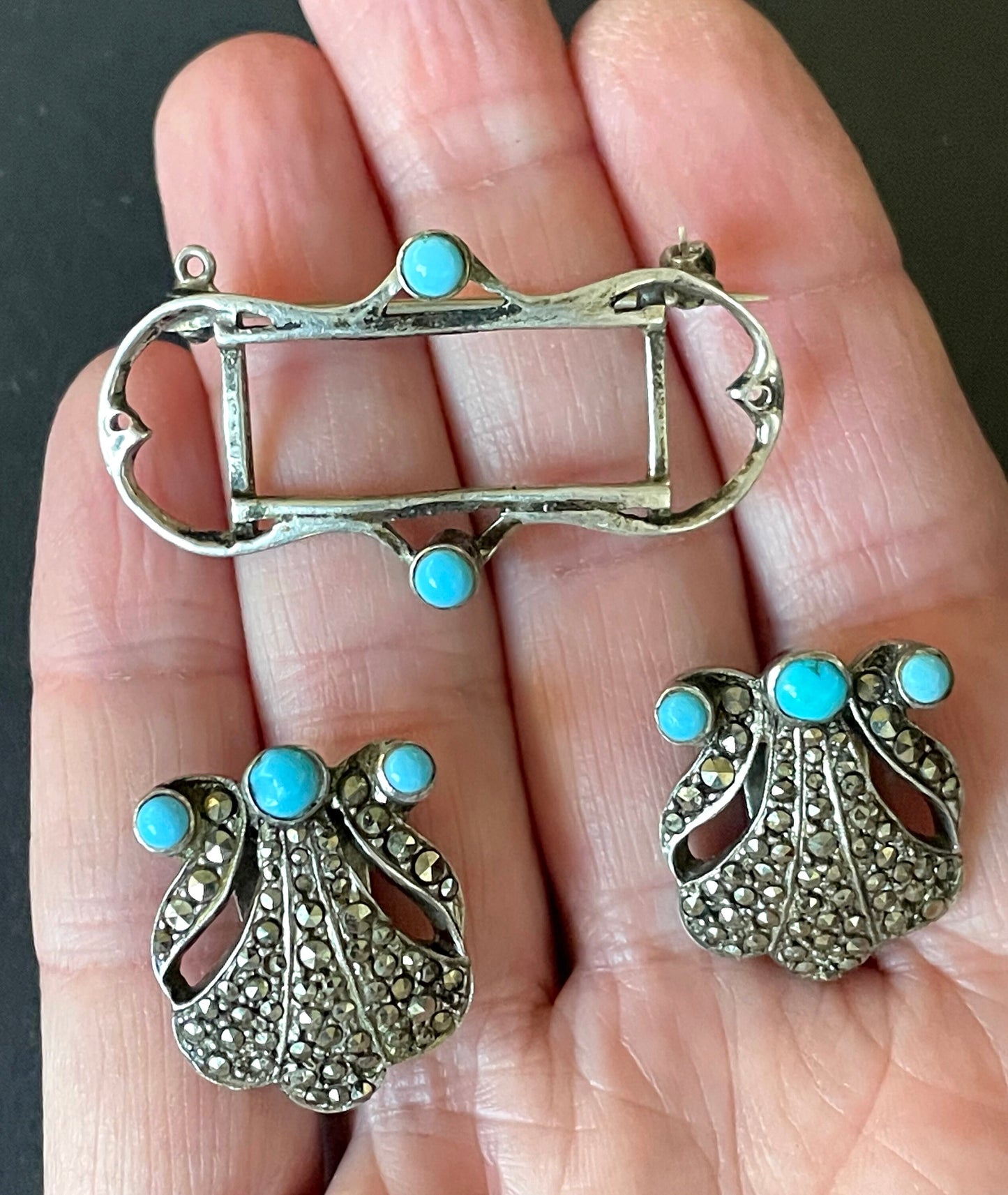 Vintage / antique sterling silver and turquoise duette (a brooch that can be converted to a brooch and 2 dress clips) and drop earrings set