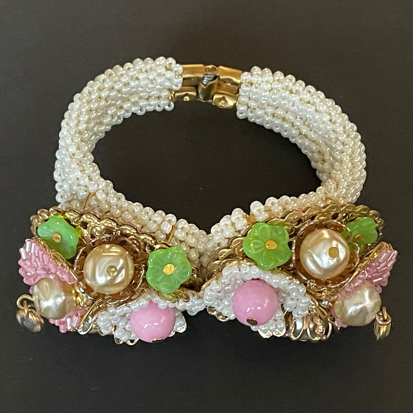 Vintage elaborate glass beaded floral clamper bangle with intricate micro beading and silver tone filigree, pink, green, white & faux pearl