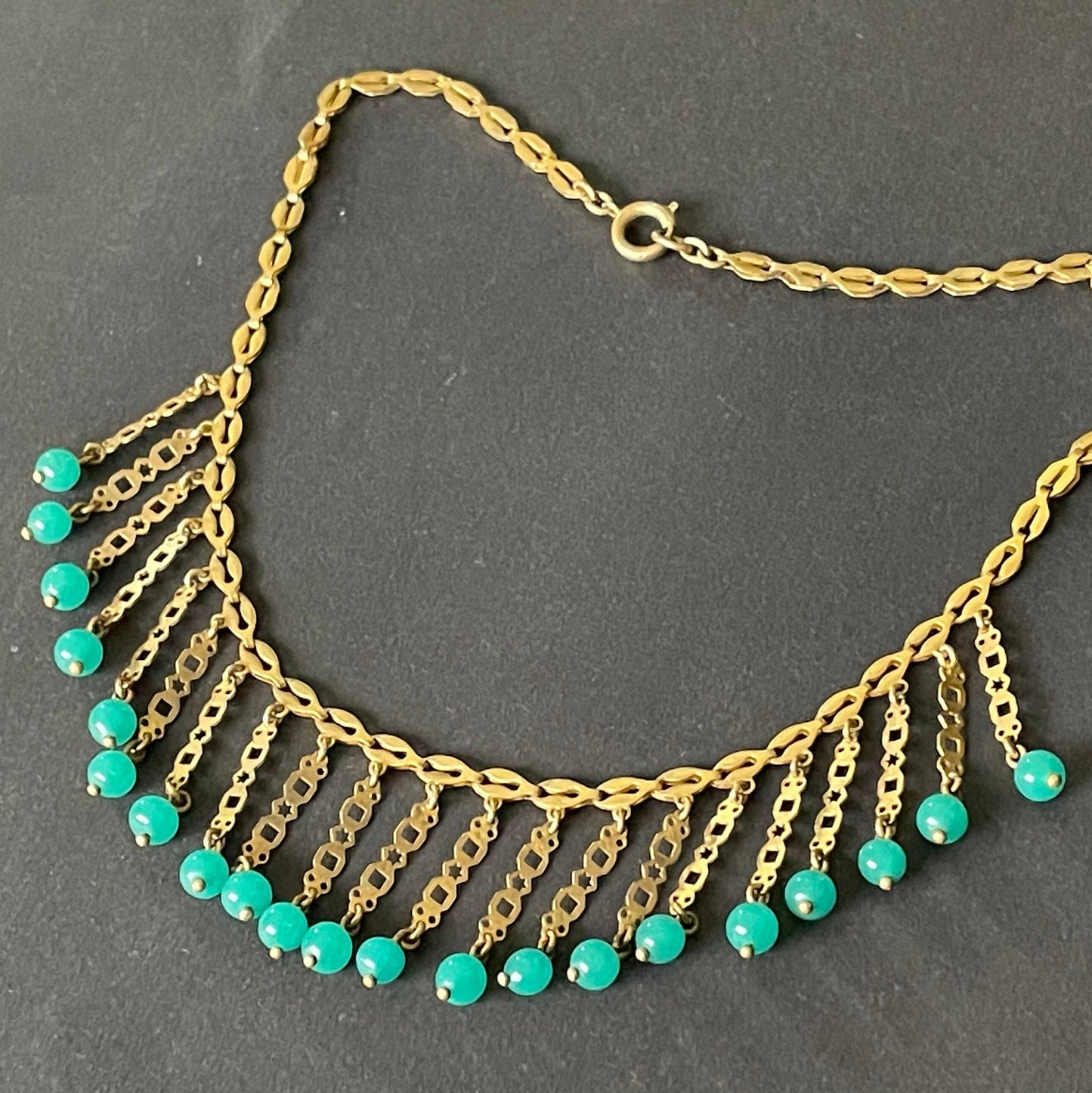 Vintage Art Deco machine age gold tone and jade green glass bead fringe necklace, beautiful workmanship, possible Jakob Bengel