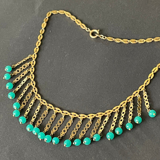 Vintage Art Deco machine age gold tone and jade green glass bead fringe necklace, beautiful workmanship, possible Jakob Bengel