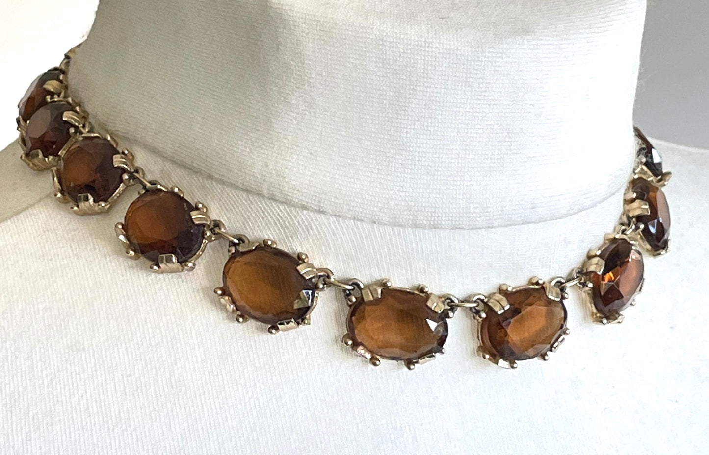 Vintage Sphinx smoky topaz glass riviere necklace and bracelet set, heavy, bezel set, open-backed stones in ornate setting