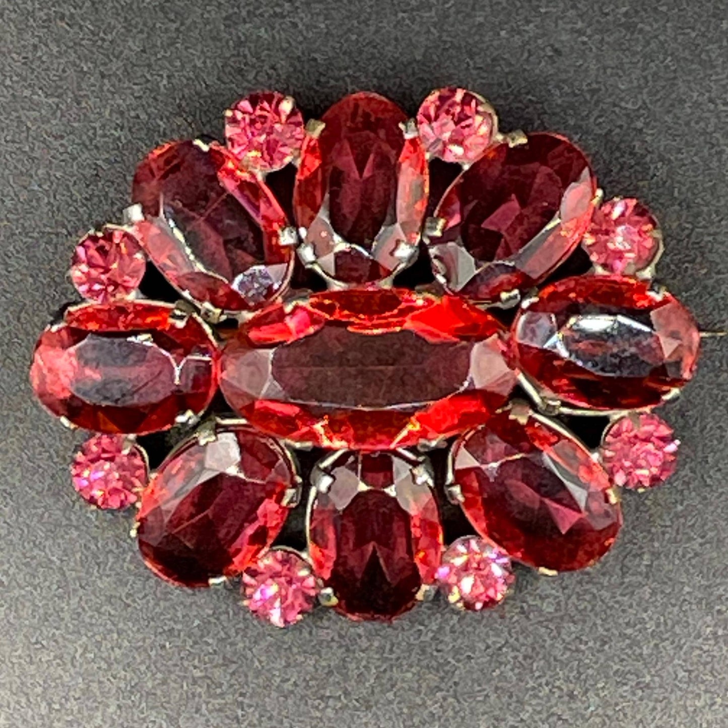 Large vintage Art Deco ruby pink glass rhinestone, open-backed, pale antique gold tone brooch pin, stunning pink colour