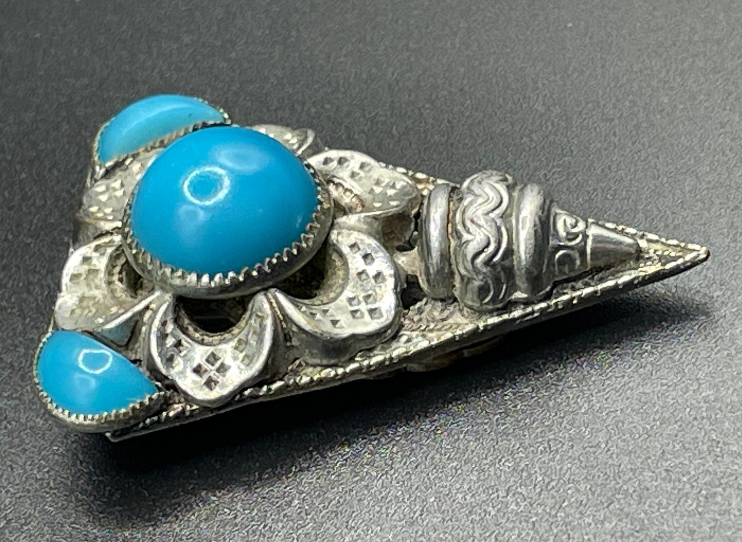 Vintage Art Deco Czech Neiger Brothers, Max Neiger faux turquoise glass cabochon and silver tone dress clip