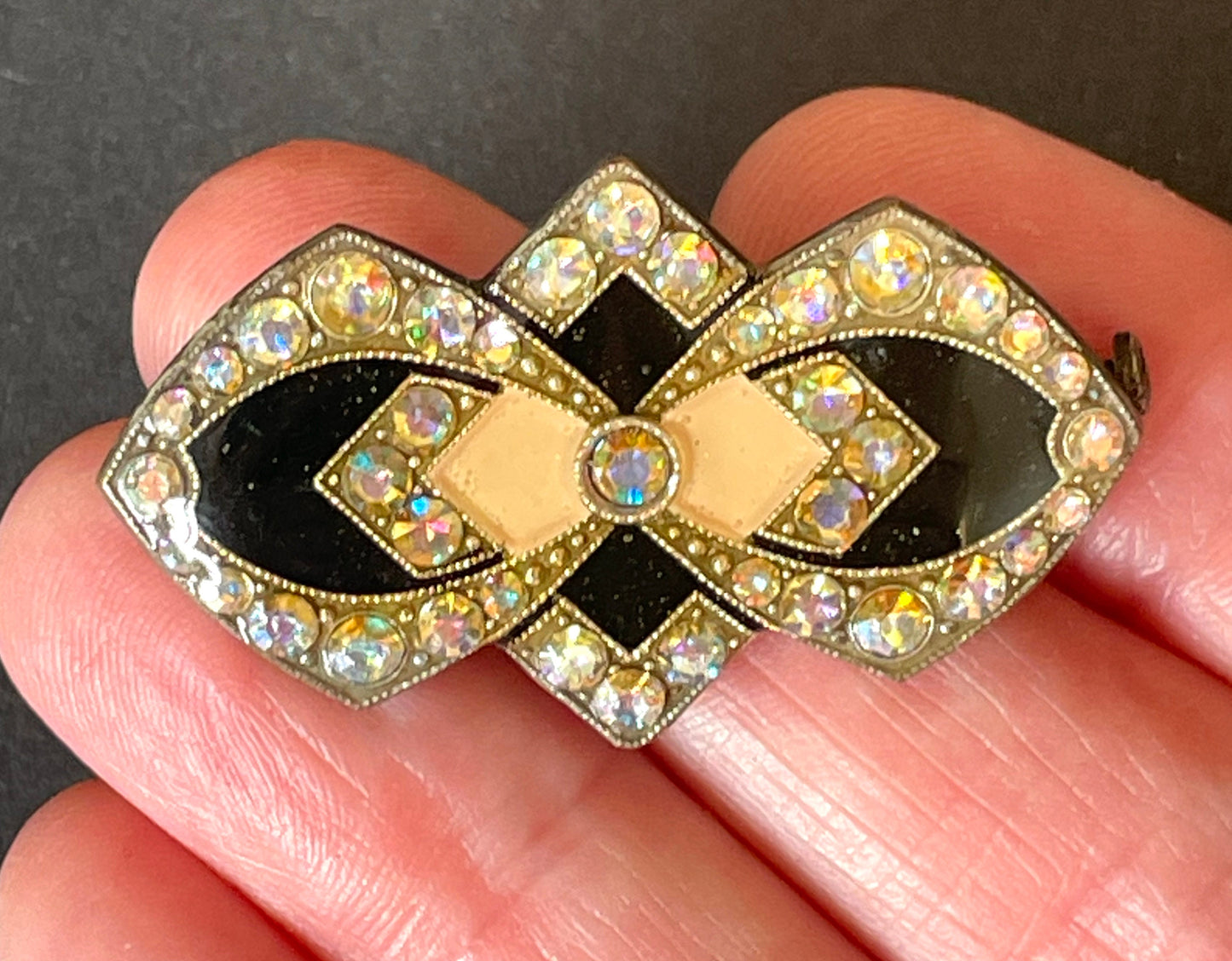 Vintage Pierre Bex Art Deco style rhinestone and enamel brooch, yellow /gold, black geometric design with AB rhinestones in thick enamel