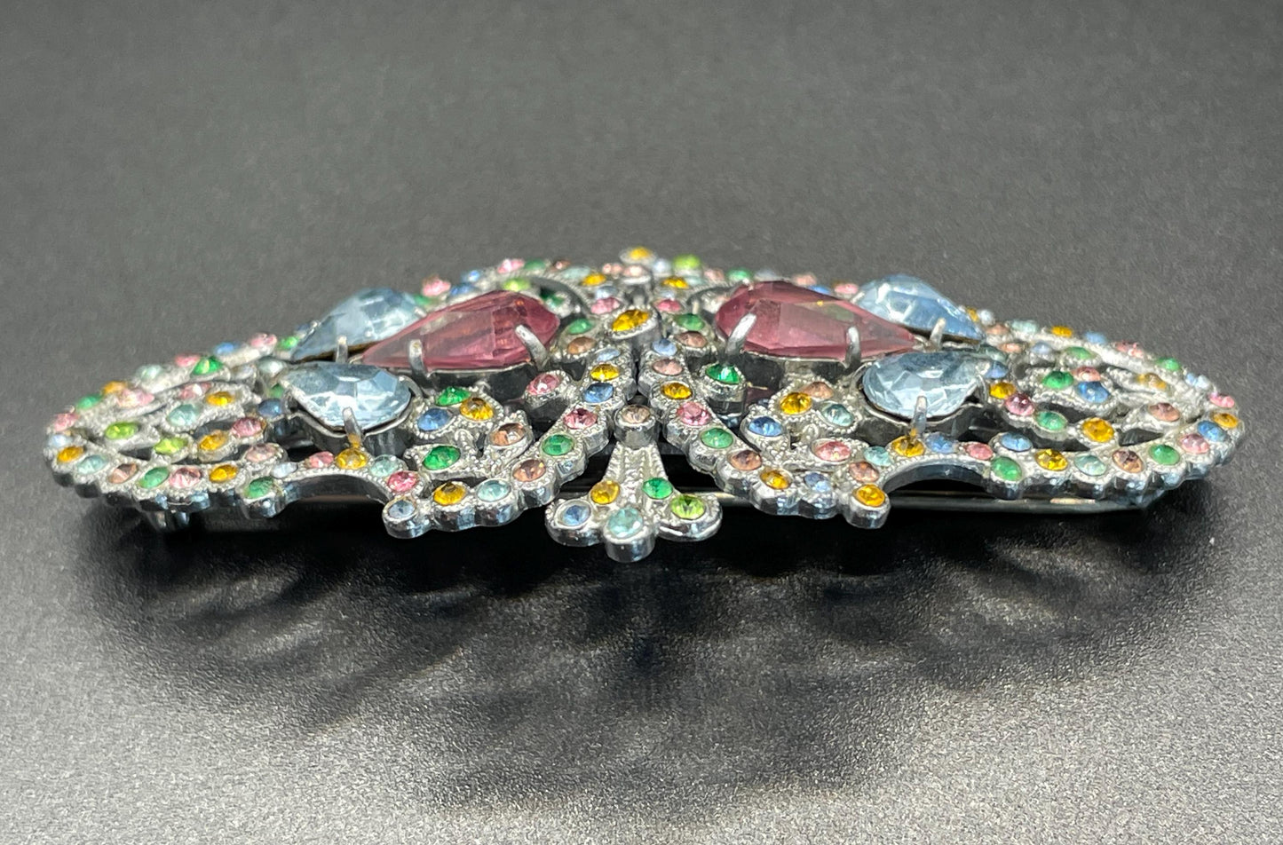 Vintage Art Deco Czech duette with multi-coloured rhinestones - a silver tone filigree brooch that can be converted to two dress clips