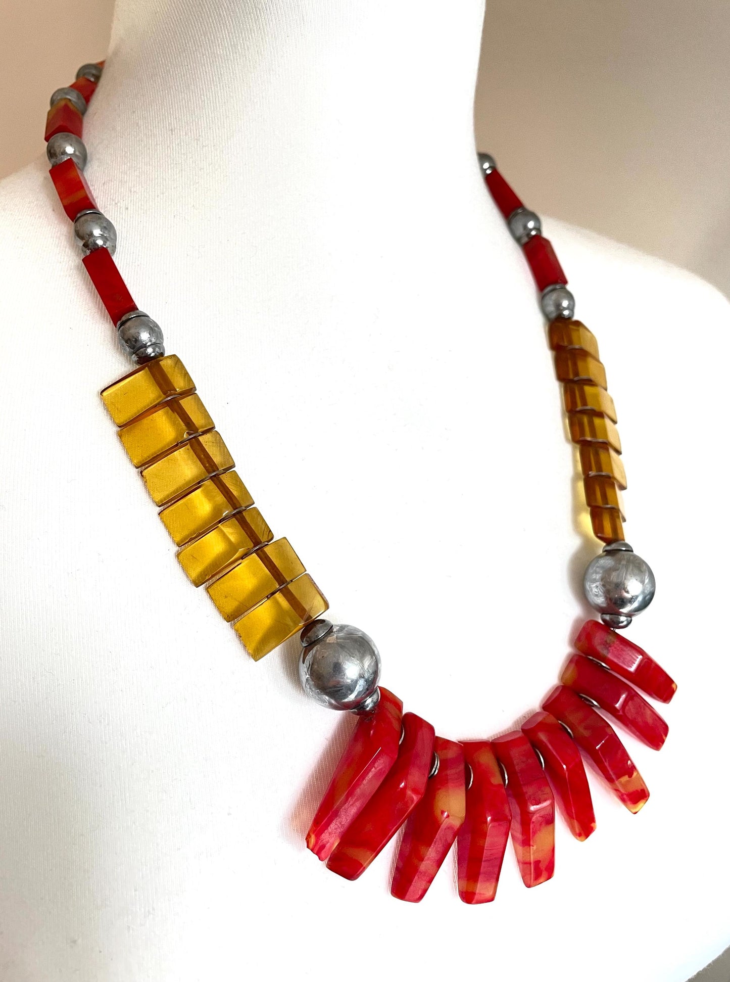 Vintage classic Art Deco geometric galalith (early plastic) bead fringe necklace, orange and chrome, on foxtail chain - Louis Rousselet ?