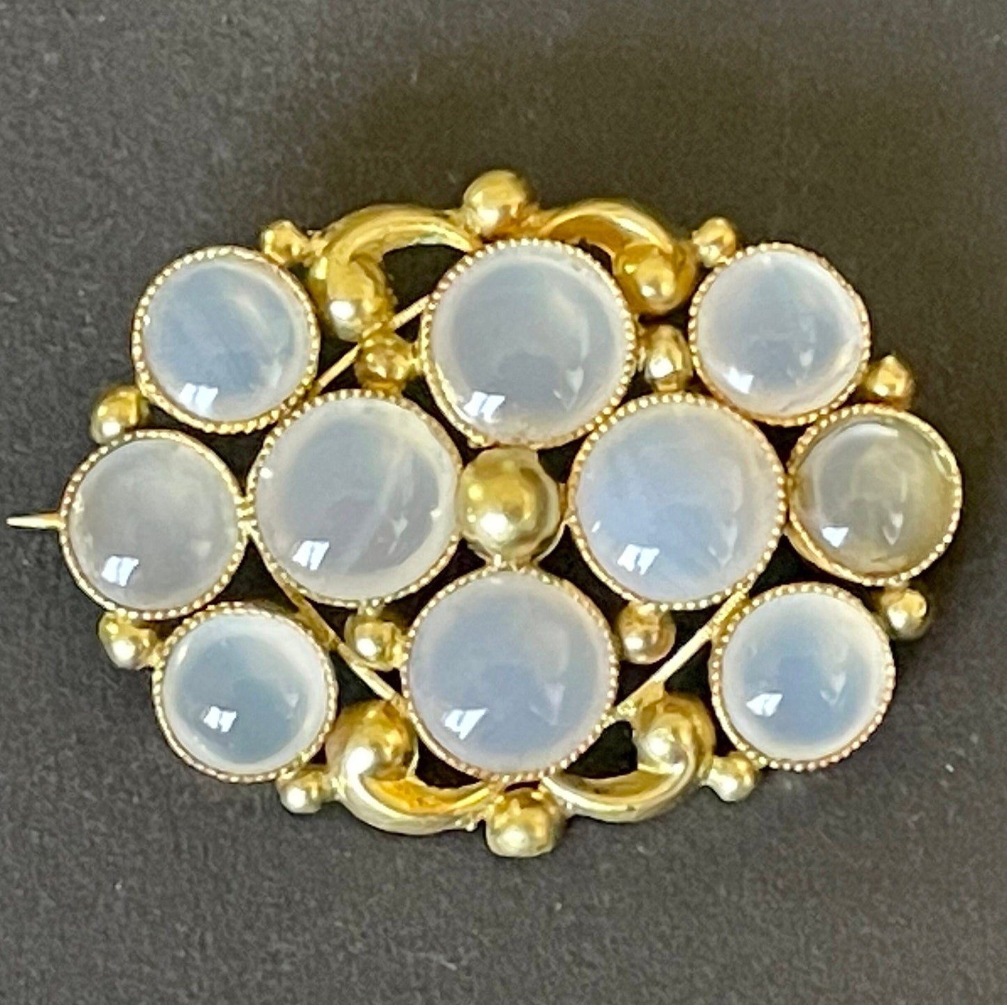 Antique Georgian gold tone yellow metal possibly pinchbeck and natural moonstone cabochon brooch pin, beautiful