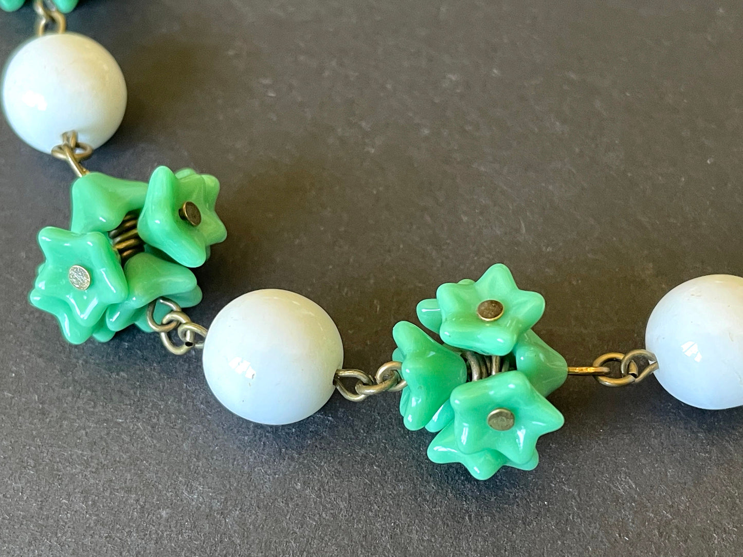 Vintage Art Deco green glass flower and large white milk glass bead, delicate glass necklace