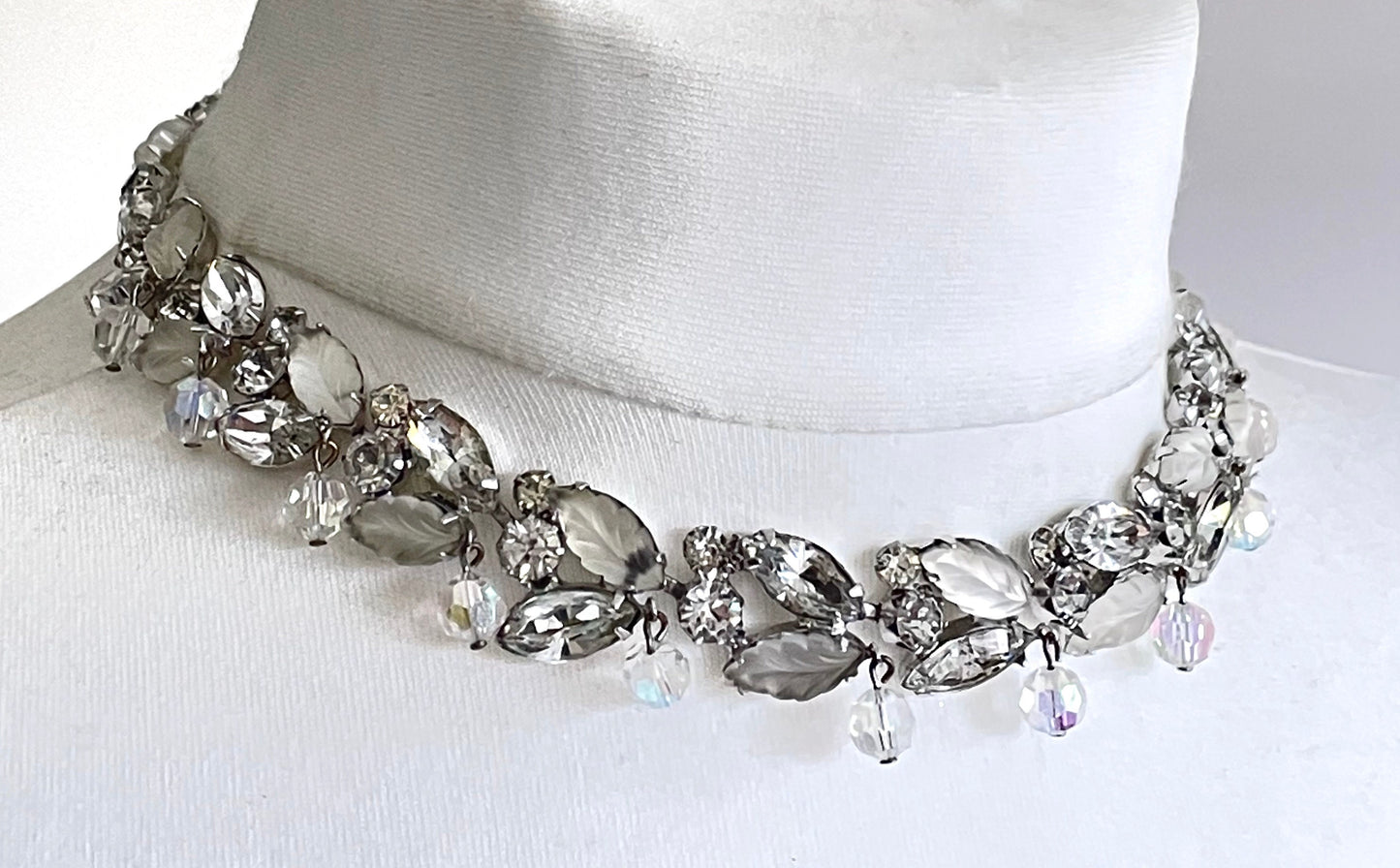 Vintage signed Kramer NY cloudy moulded glass & crystal rhinestone silver tone choker necklace with fringe beading, leaf garland design