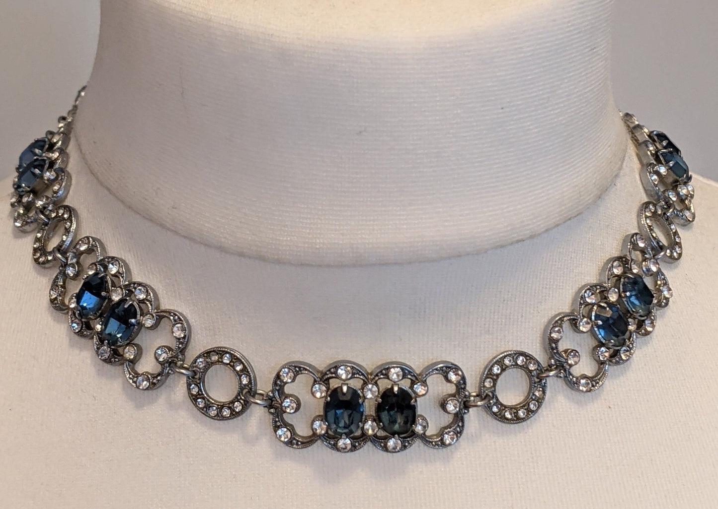 Vintage Art Deco blue and clear paste geometric machine age necklace and bracelet demi-parure set