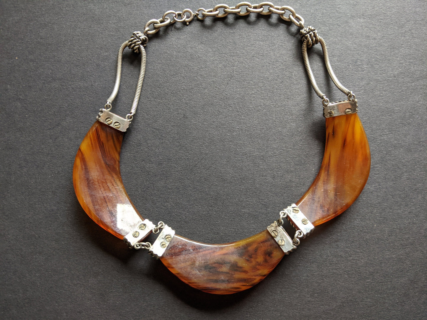 Vintage Bakelite (simichrome tested) faux tortoiseshell and sterling silver 1920s to 1930s statement bib necklace, lovely phenolic