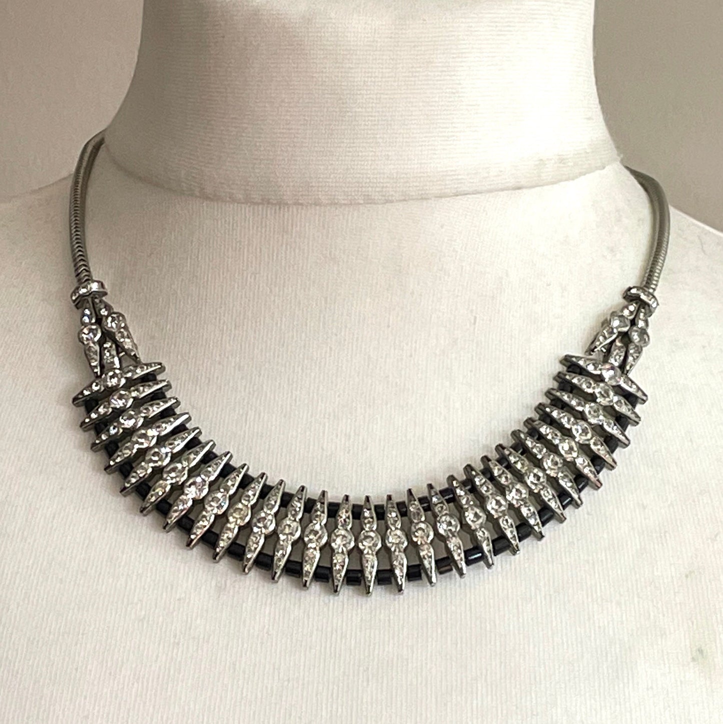 Vintage unsigned Esha Randel / Schreiber & Hiller DRGM Art Deco chrome, paste rhinestone and black galalith geometric machine age necklace