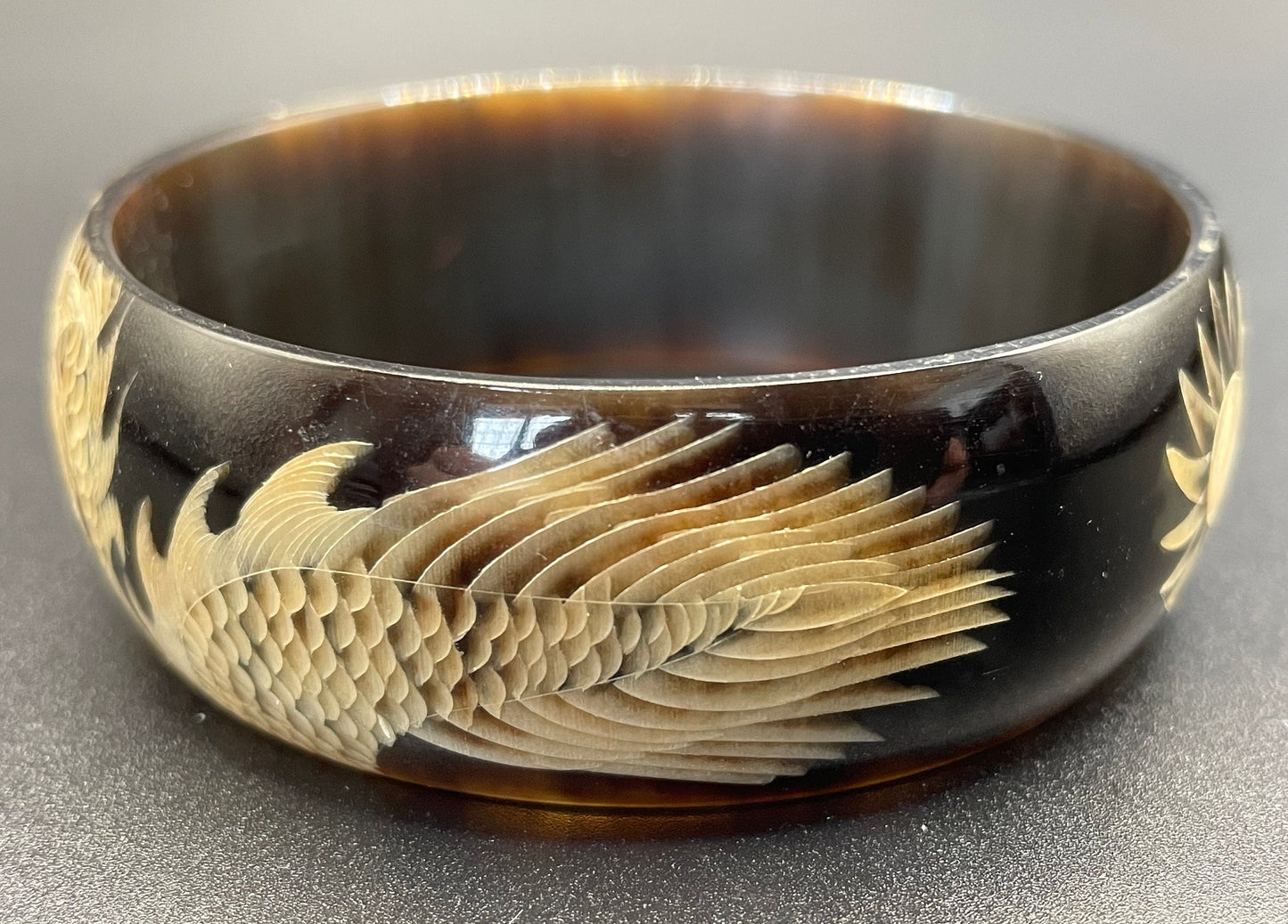 Vintage / antique beautifully carved bangle made of buffalo horn, dragon design, stunning quality