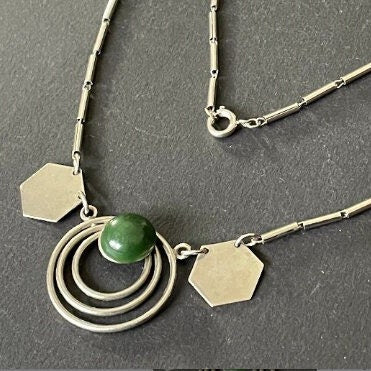 Vintage Jakob Bengel Art Deco machine age chrome and olive green galalith cabochon geometric necklace