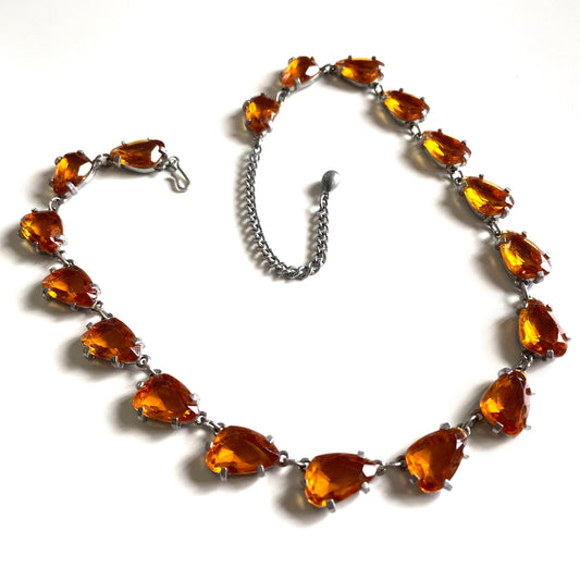 Vintage signed Sphinx citrine yellow / topaz orange glass riviere necklace, triangle shaped crystals set open-backed in silver tone settings