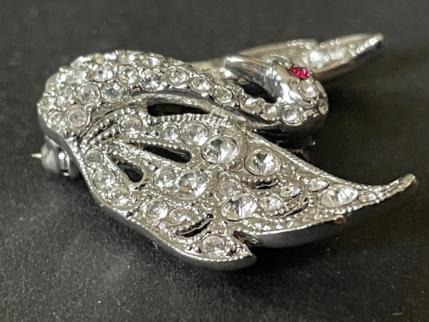 Vintage Attwood and Sawyer (A&S) signed swan brooch - shiny silver tone, clear and red rhinestones