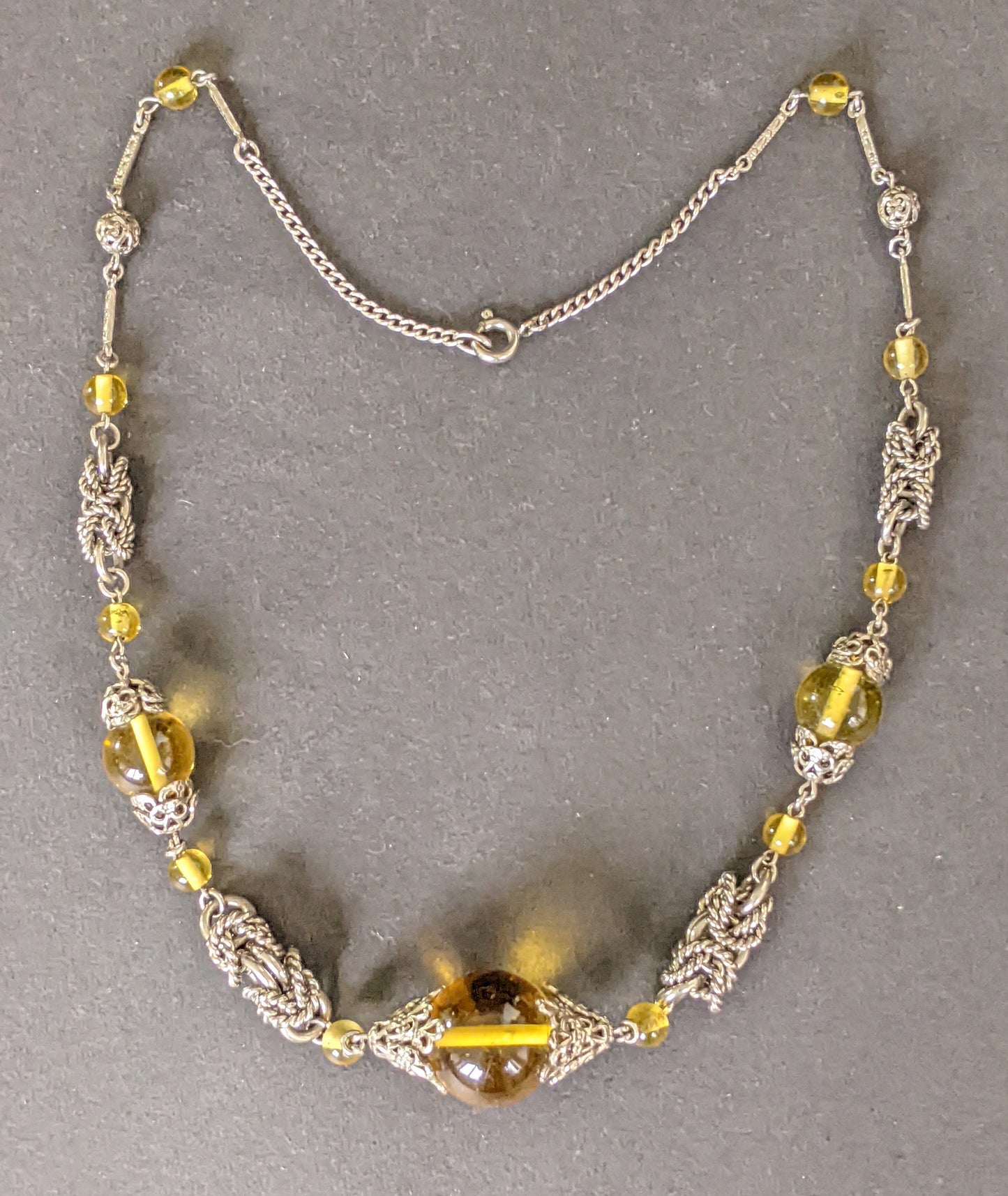 Vintage Art Deco yellow glass and chrome machine age necklace - Jakob Bengel attributed, mint condition, unusual colour