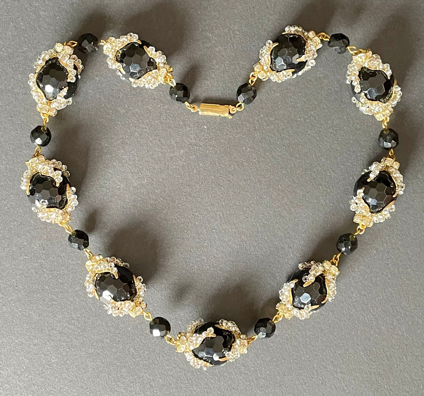 Vintage unsigned Stanley Hagler or Miriam Haskell heavy black French jet and micro bead chunky necklace, intricately beaded bead caps