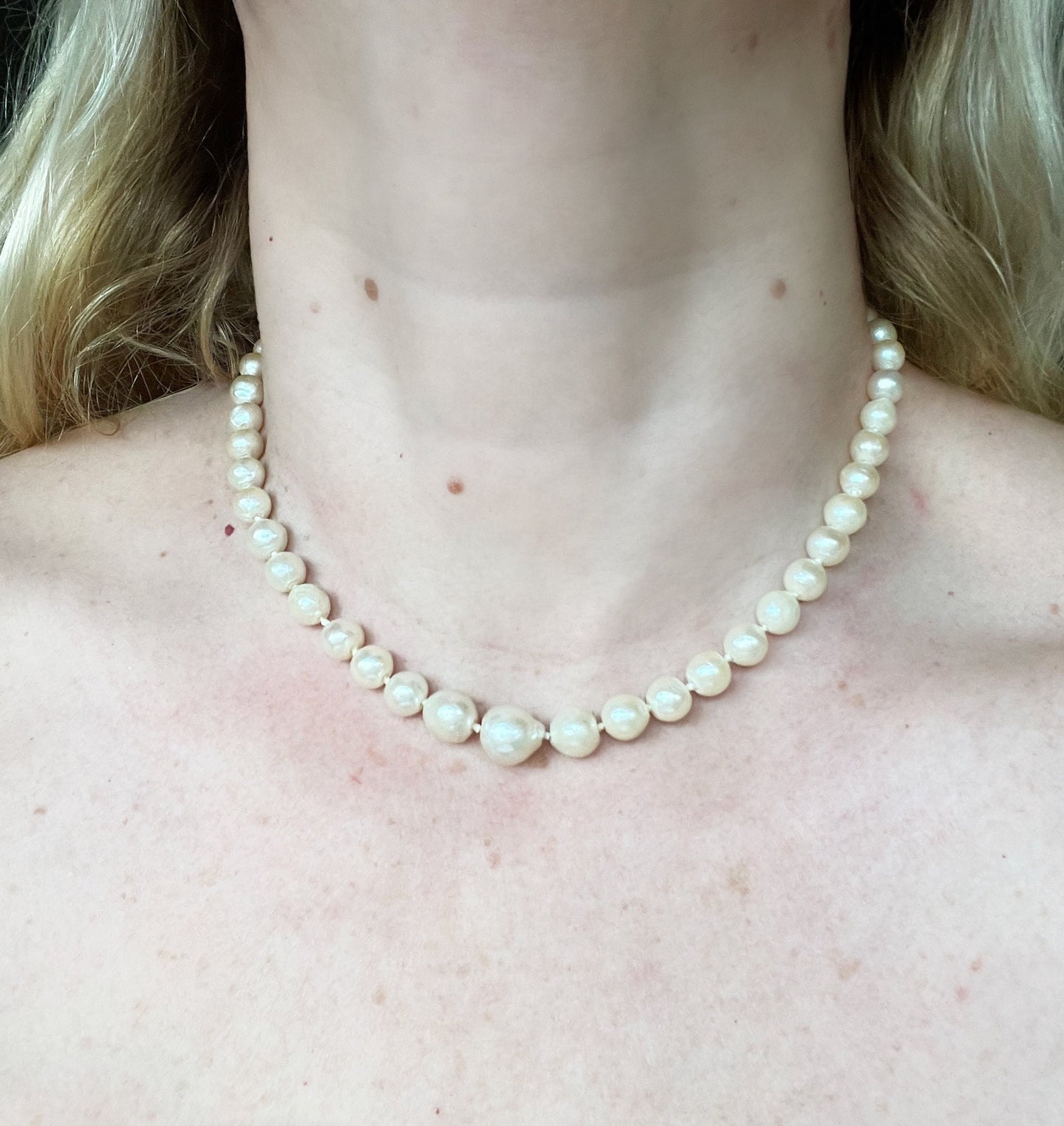 Antique real cultured pearl necklace, large and graduated in size, hand-knotted, in jeweller's box, pretty sterling silver clasp 30 grams