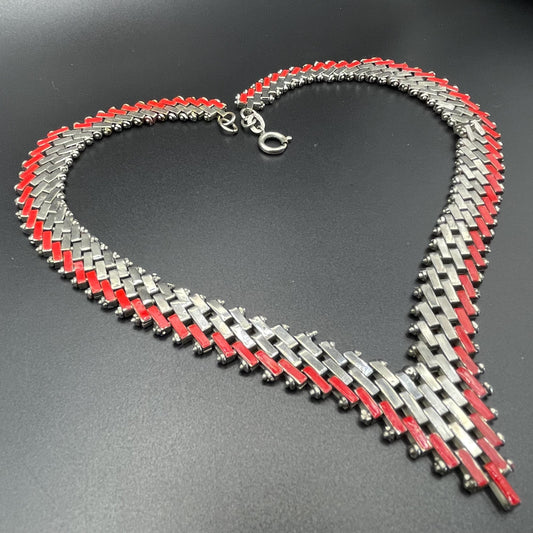 Vintage Jakob Bengel Art Deco brickwork / mauerwerk machine age shiny chrome silver tone necklace, red enamel embellishment