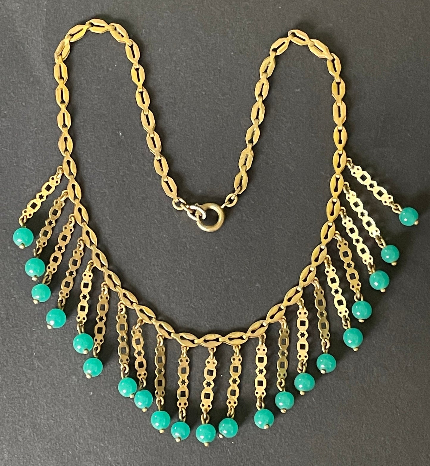 Vintage Art Deco machine age gold tone and jade green glass bead fringe necklace, beautiful workmanship, possible Jakob Bengel