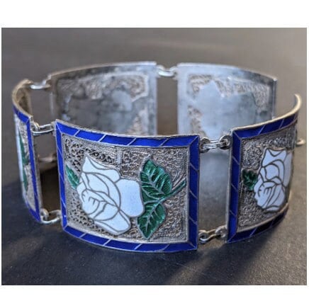 Vintage / antique fine sterling silver (tested) and white, green and blue enamel bracelet - floral rose panels, filigree silver