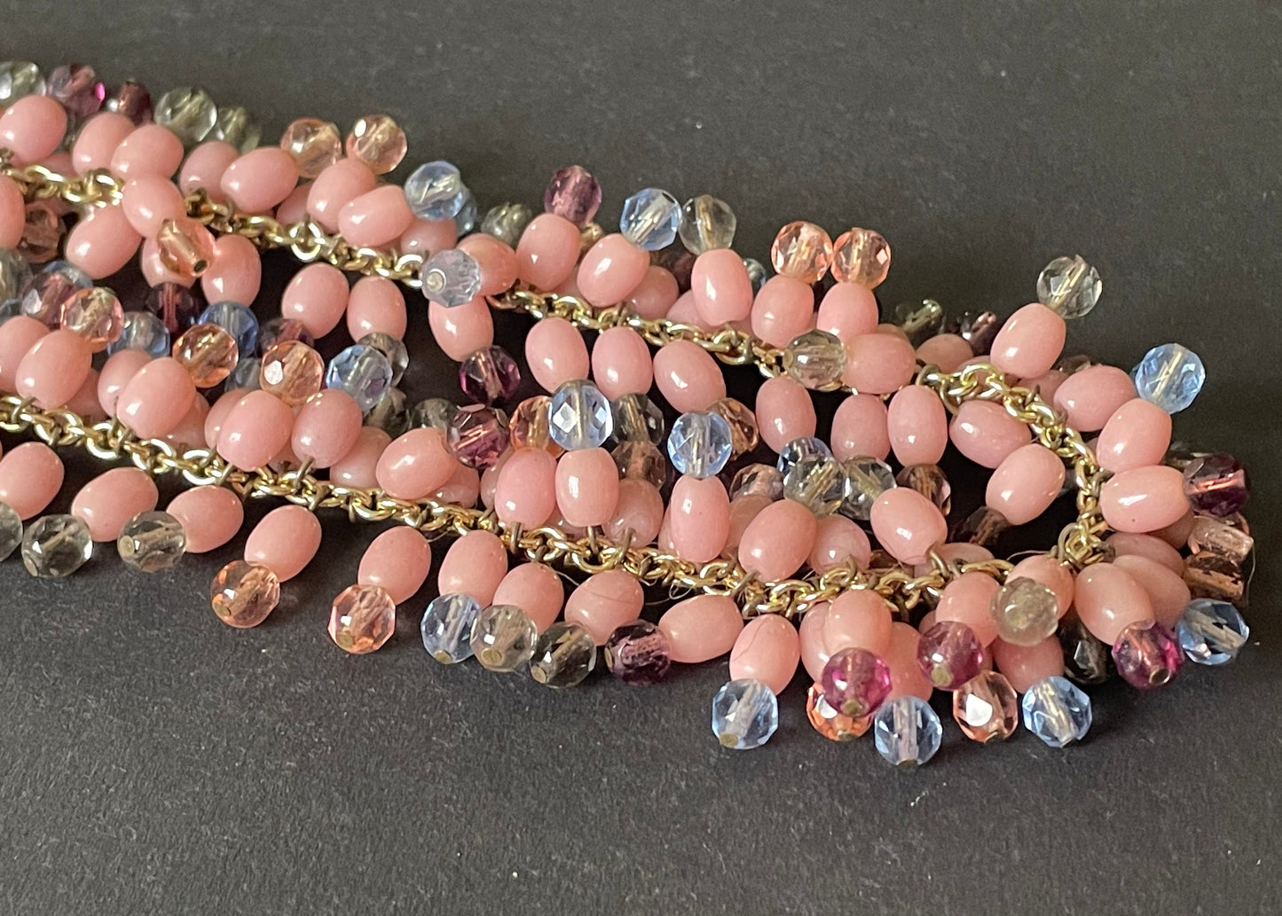 Heavy vintage baby pink, dark pink, grey and blue glass bead and Austrian faceted crystal bead fringe necklace with gold tone chain