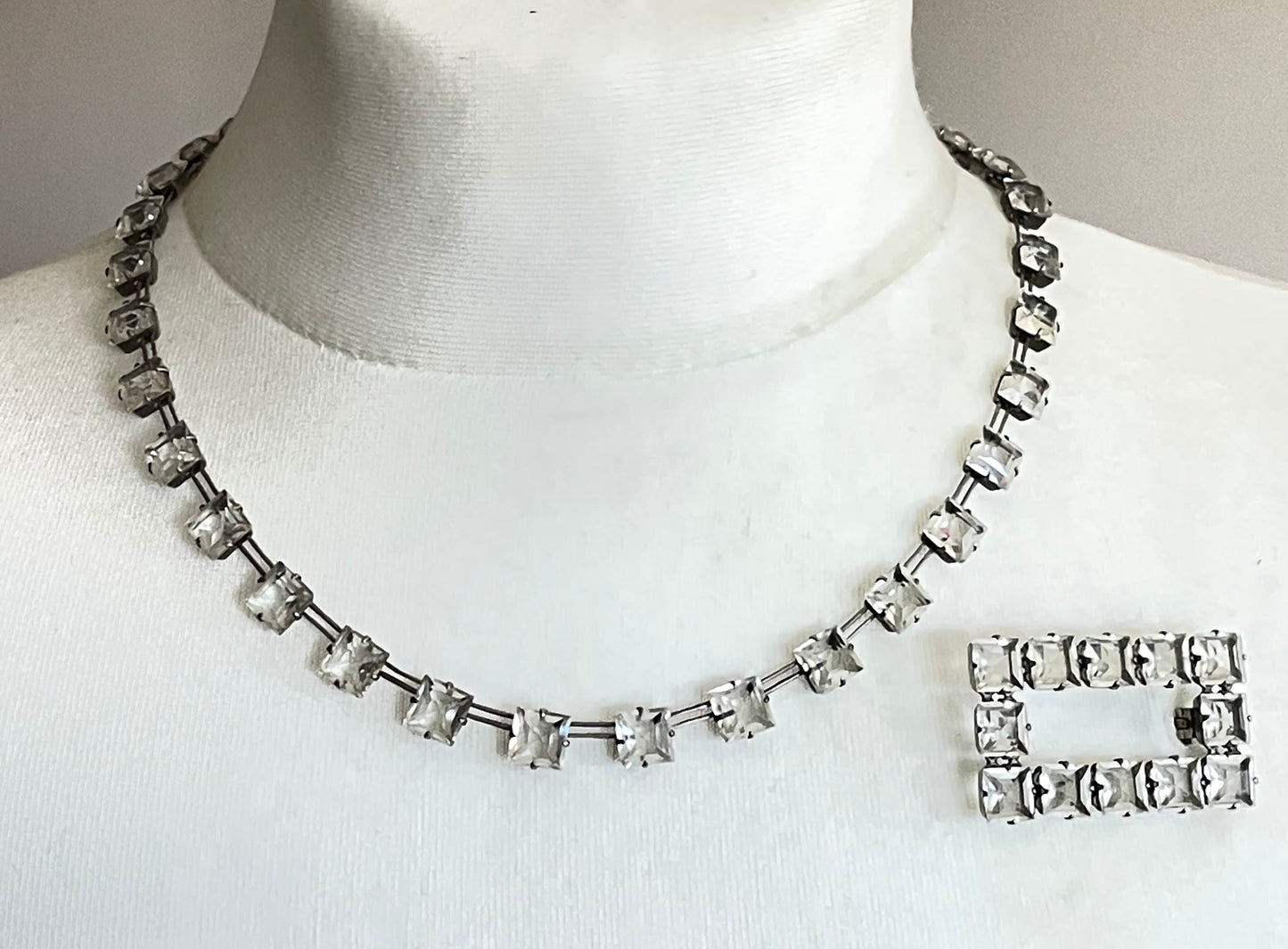 Vintage sterling silver Art Deco diamond ice clear crystal square rhinestone riviere choker necklace and brooch set, bezel set, open backed