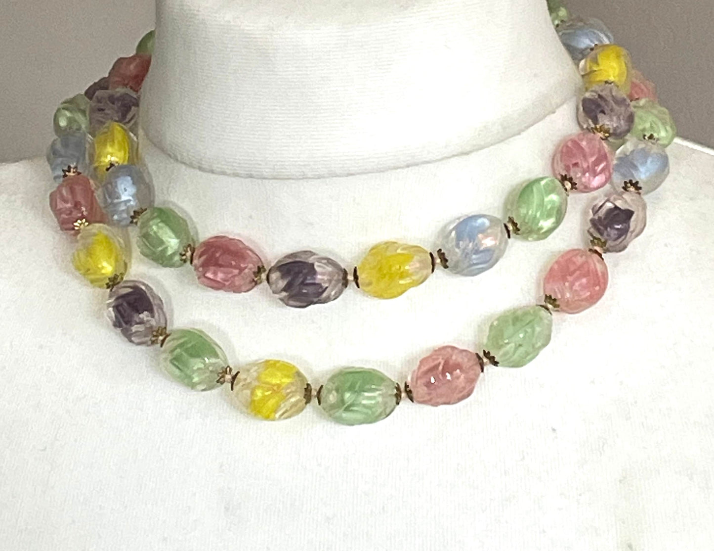 Vintage, heavy, pastel colour, yellow, pink, green, purple and blue givre moulded glass double stranded necklace, unusual glass beads