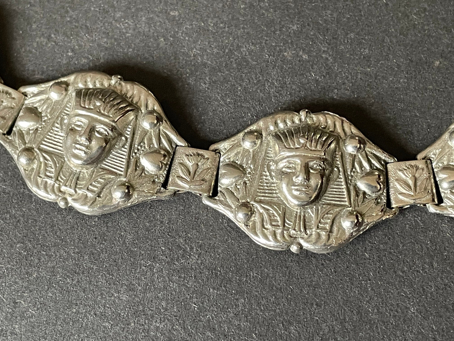 Vintage Egyptian revival Tutankhamun pharaoh silver tone panel bracelet, made in England