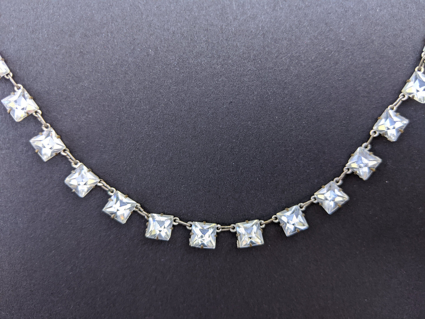 Vintage Art Deco clear paste crystal riviere necklace, bezel set open backed square princess cut rhinestones, with free stud earrings